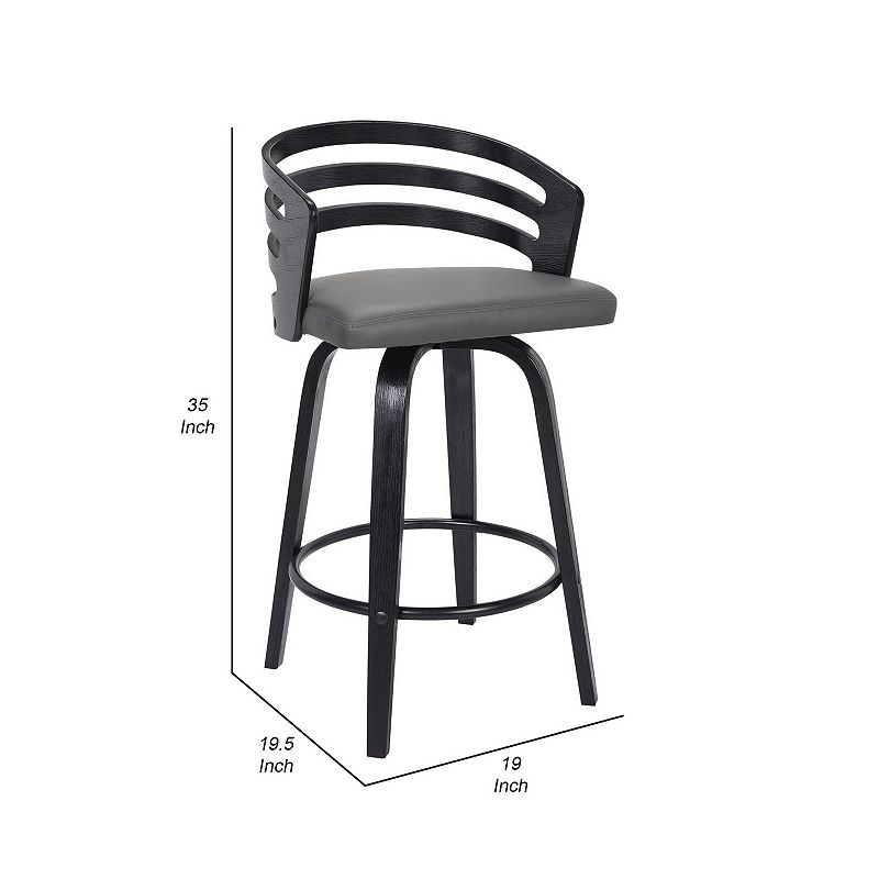 26 Inch Wooden and Leatherette Swivel Barstool， Gray and Black