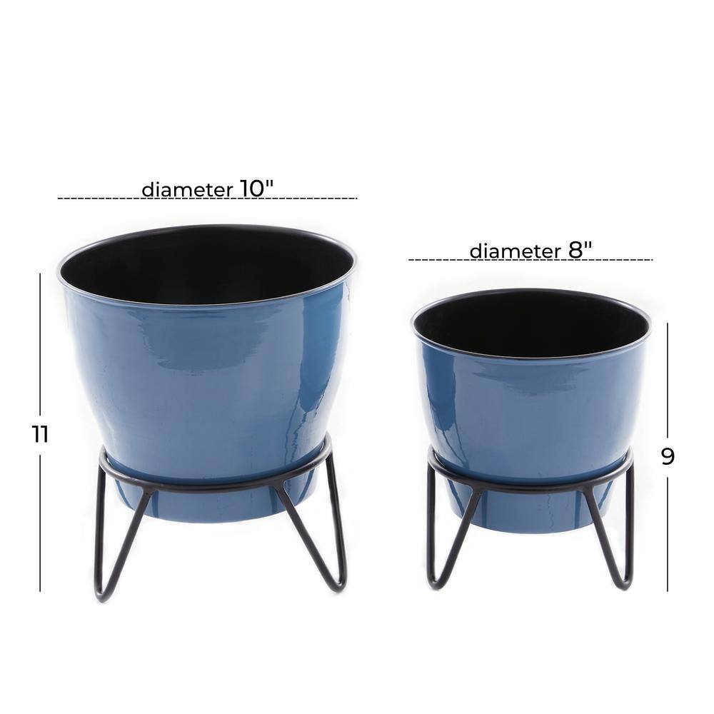 Litton Lane 10 in. x 11 in. Blue Metal Modern Planter (Set of 2) 040119