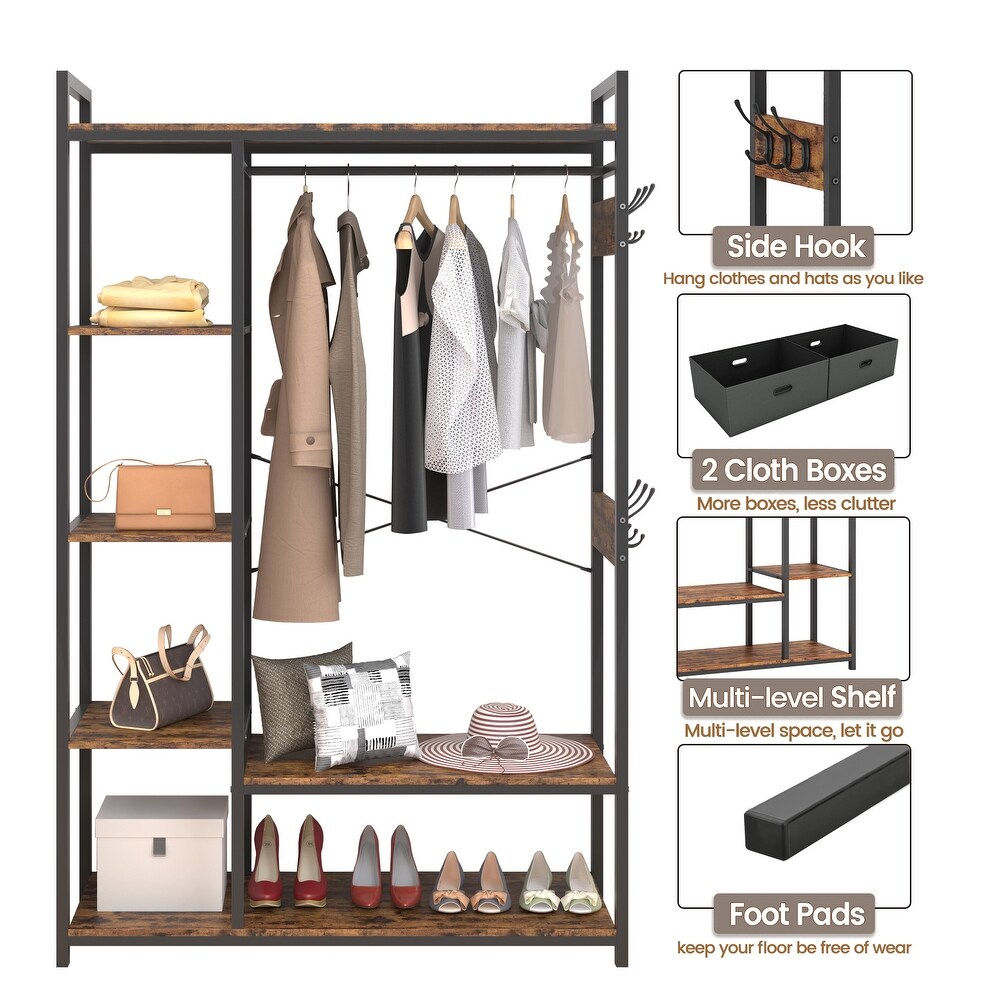 Free Standing Closet Organizer  Portable Garment Rack with Open Shelves and Hanging Rod  Black Metal Frame