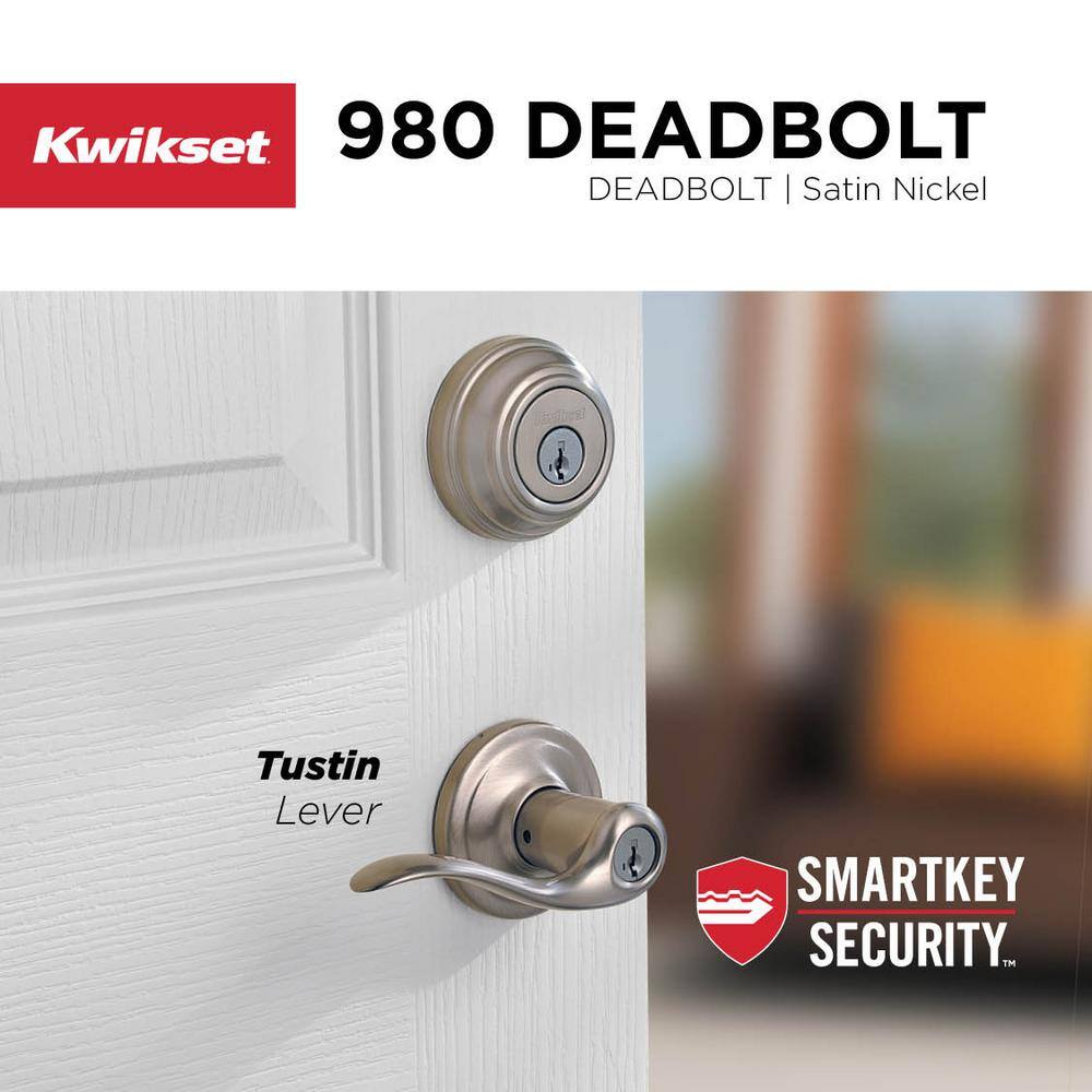 Kwikset Tustin Satin Nickel Exterior Entry Door Handle and Single Cylinder Deadbolt Combo Pack Featuring SmartKey Security 991TNL 15 SMT CP