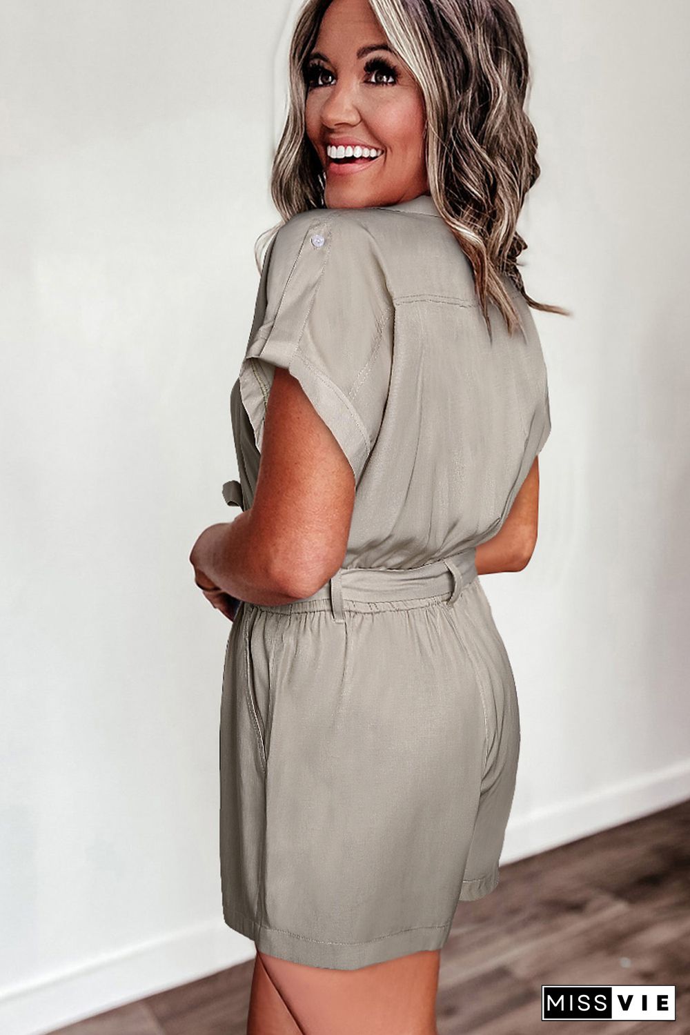 Gray Buttoned Pockets Lace-up Belt High Waist Romper