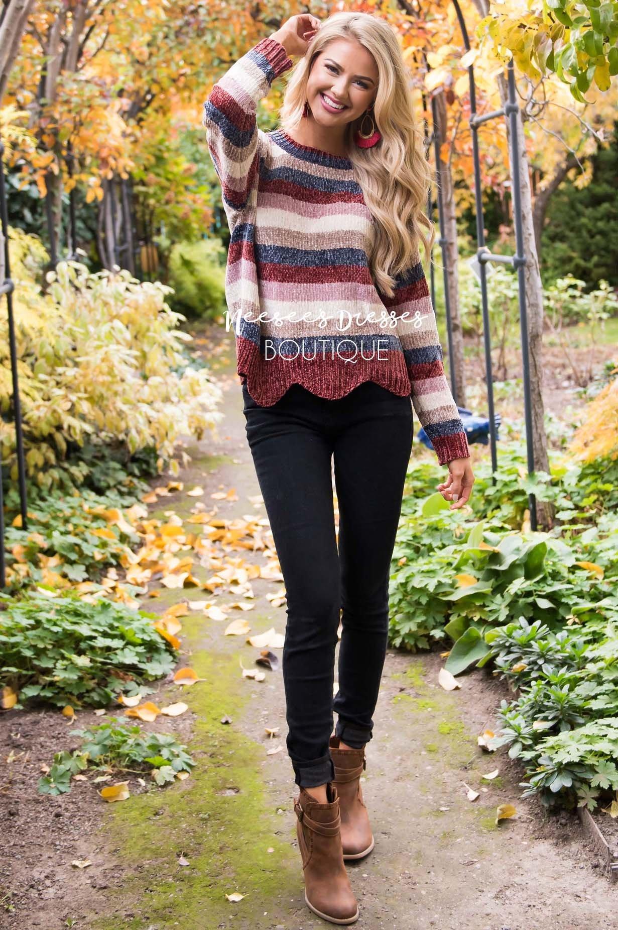 Striped Chenille Knit Scallop Hem Sweater