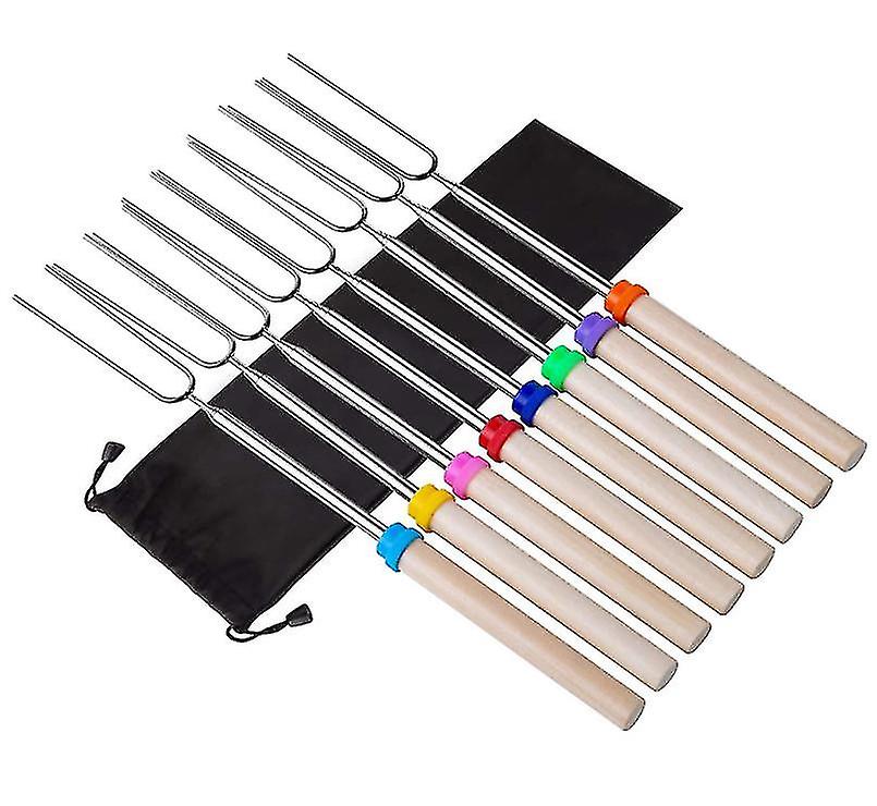 8pcs Extendable Stainless Steel Bbq Fork Barbecue Sticks Wooden Handles