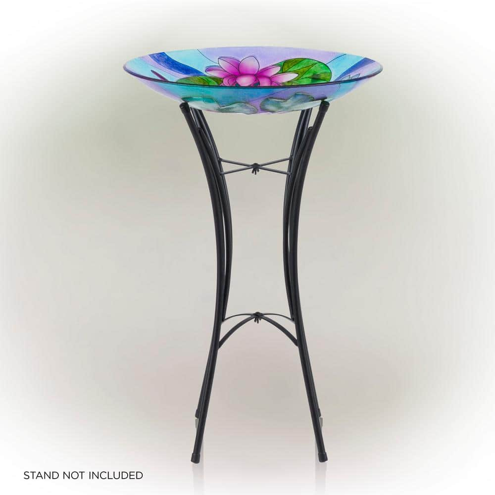 Alpine Corporation 18 in. Glass Birdbath Topper with Purple Dragonfly Painted Finish KPP610T-18