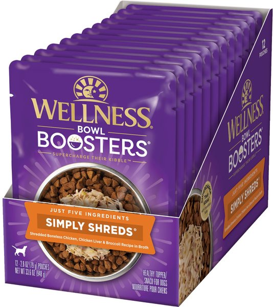 Wellness Bowl Boosters Simply Shreds Chicken Liver and Broccoli Natural Grain Free Wet Dog Food Mixer or Topper， 2.8-oz pouch， case of 12