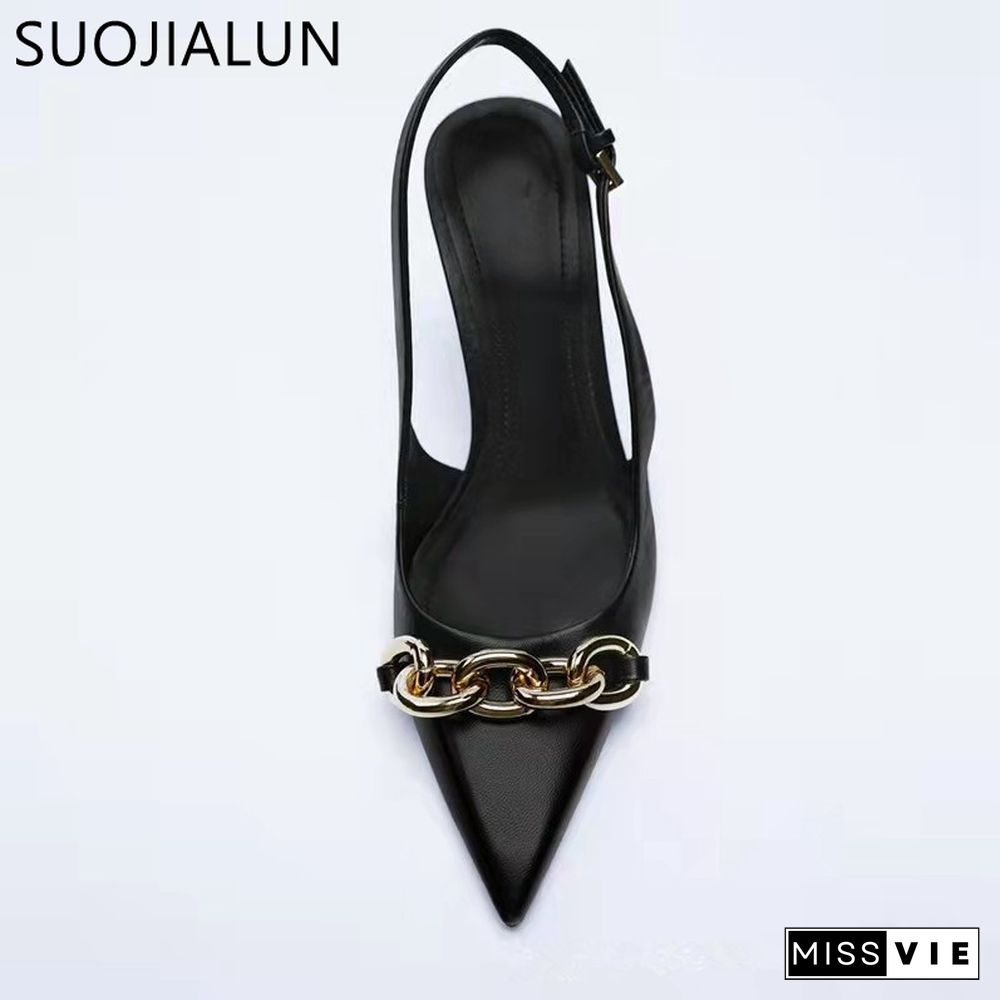 New Spring Fashion Crystal Buckle Sandals Women Thick High Heels Pointed Toe Slingback Shoes Elegant Slip On Mule