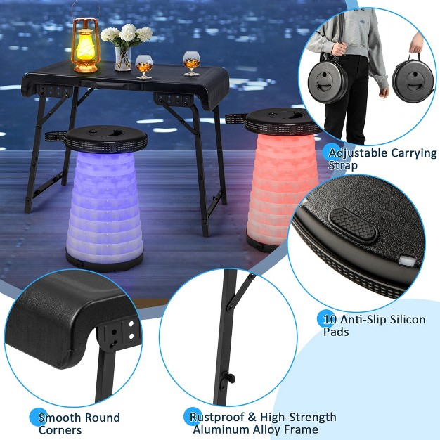 Costway 3 piece Folding Table Stool Set With A Camping Table amp 2 Retractable Led Stools