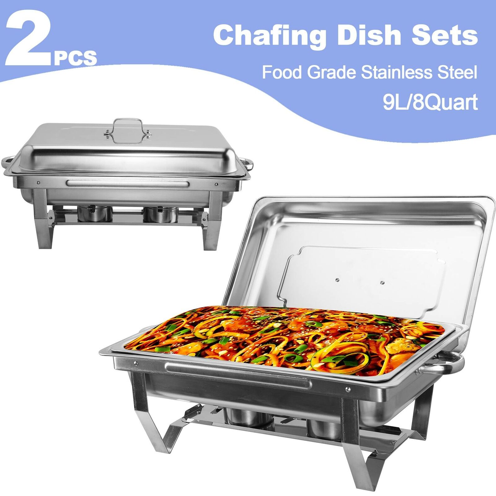 9L/9.5Q 2pcs Chafing Dish Sets Chafer Dish Stainless Steel Pans Full Size Rectangular