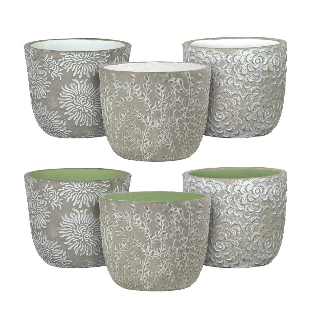 Classic Home and Garden Flora 6 in. Gray Cement Planters with White Interior Assorted (Set of 3) 31013-089