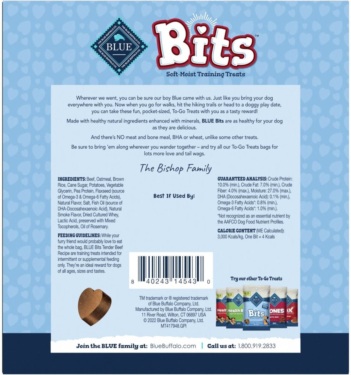 Blue Buffalo To-Go Bits Tender Beef Recipe Dog Treats， 12 count