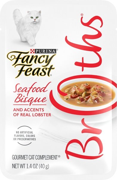 Fancy Feast Broths Seafood Bisque and Accents of Real Lobster Grain-Free Cat Food Topper， 1.4-oz， case of 16