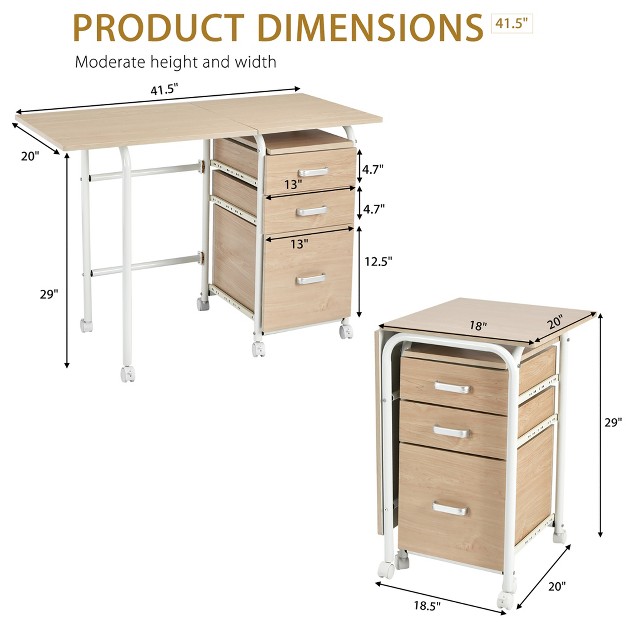 Costway Folding Computer Laptop Desk Wheeled Home Office Furniture W 3 Drawers Brown natural