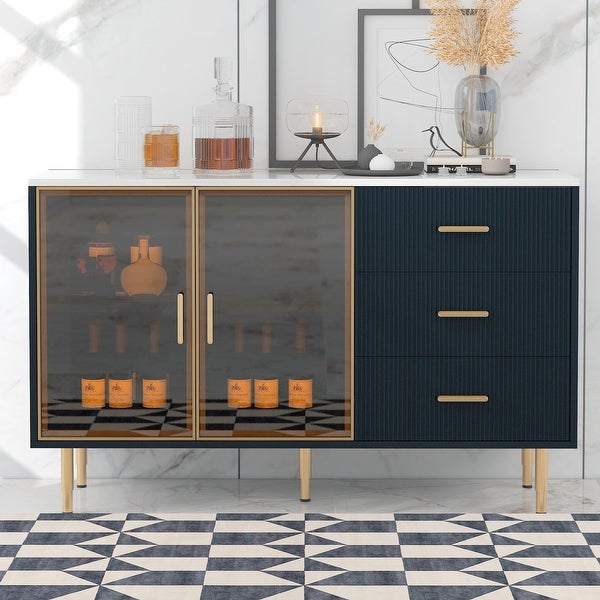 Modern Sideboard MDF Buffet Cabinet Marble Sticker Tabletop and Amber-yellow Tempered Glass Doors with Gold Metal Legs