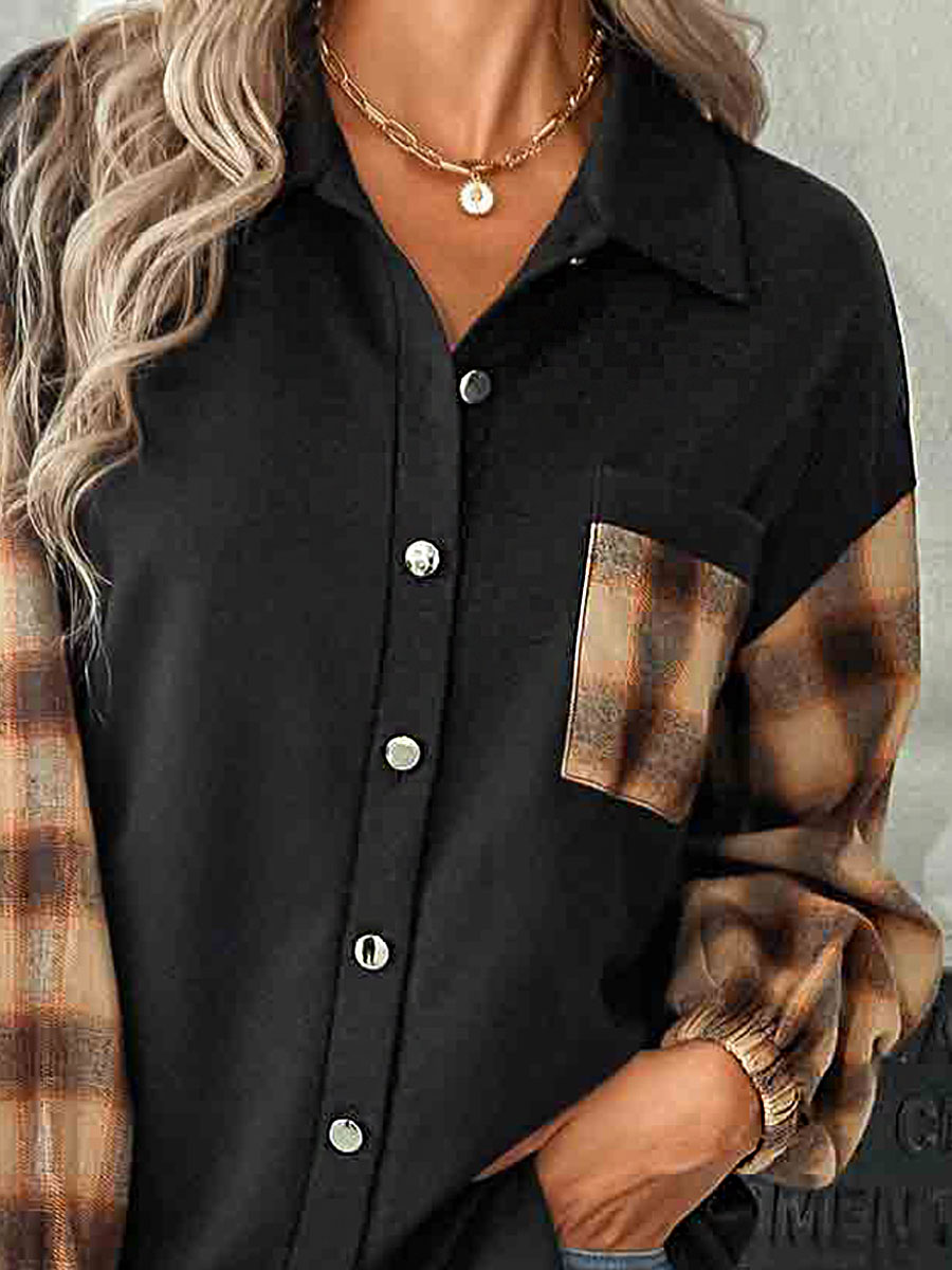 Pocket Tartan Print Black Shirt Collar Shirt