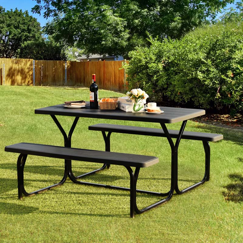 Outdoor Picnic Table Bench Set, All-Weather Dining Table Set, Metal Base Wood-Like Texture, Large Camping Table for Lawn Garden Backyard