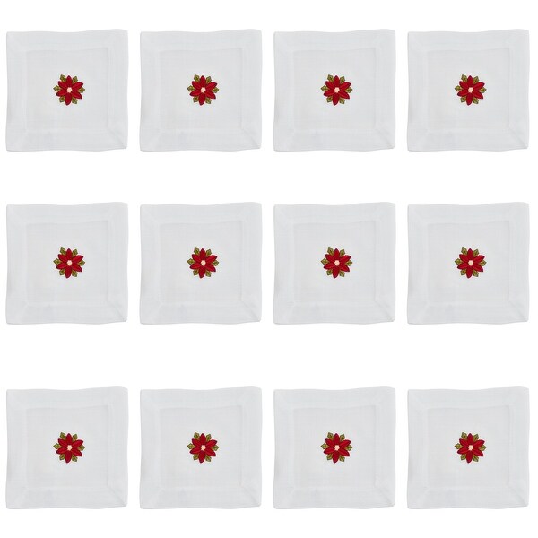 Embroidered Cocktail Napkins With Poinsettia Design (Set of 12)