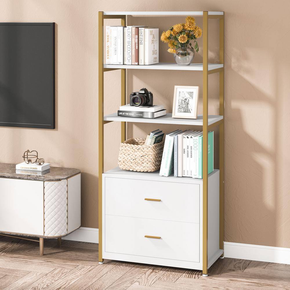 TRIBESIGNS WAY TO ORIGIN Kaduna 23.6 in. Wide White and Gold 4-Shelf Etagere Bookcase with 2-Drawers HD-F1568-WZZ