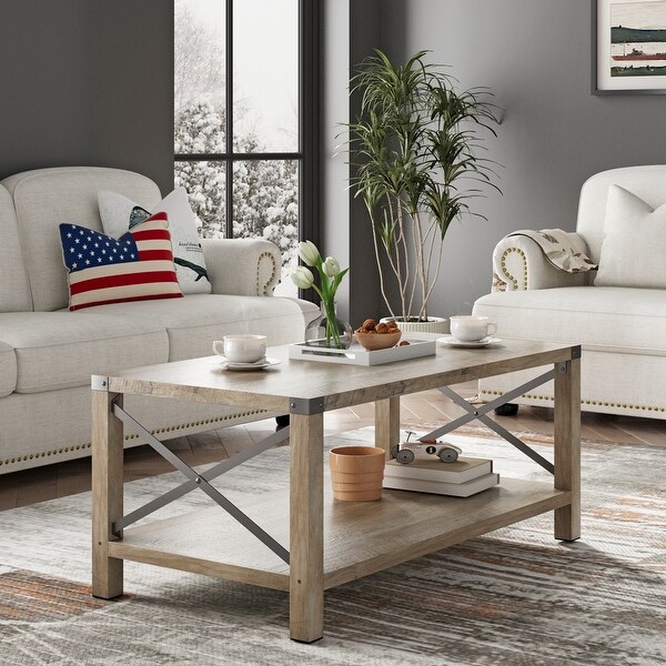 2-Tier Modern Farmhouse Coffee Table， Wood Rectangle Cocktail Table with Metal X- Frame ( 40.94