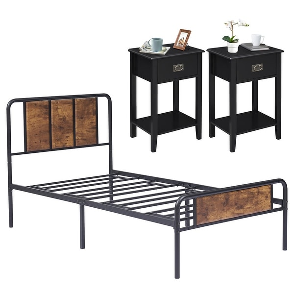 Taomika 3-pieces Bed Frame with Wood Headboard and 1-Drawer Nightstands Set - - 35294327