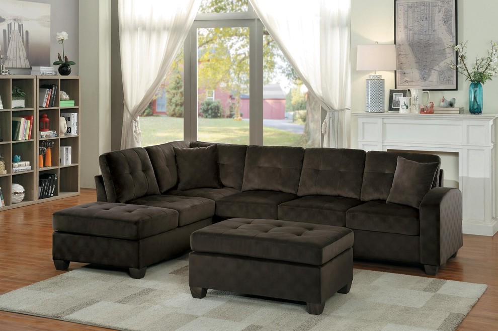 3 Piece Elburn Reversible Chaise Sectional and Ottoman  Chocolate Fabric   Transitional   Living Room Furniture Sets   by AMOC  Houzz