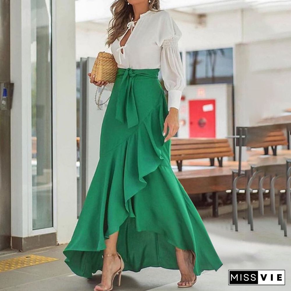 Women Ruffles Hem Mermaid Skirt Maxi Saia Elastic High Waist Asymmetrical Party Elegant Casual Long Skirt Plus Size