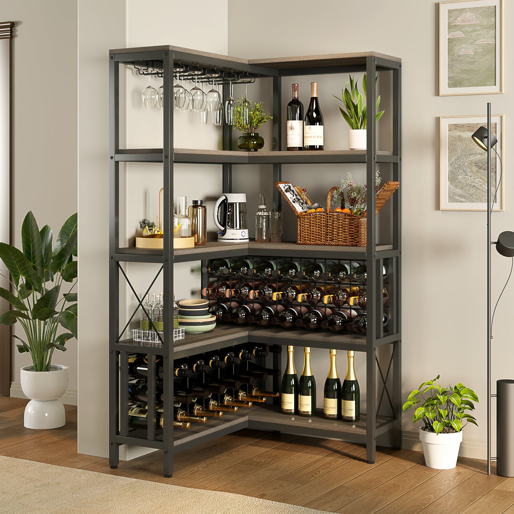 Corner Wine Rack, Freestanding Bar Cabinets for Liquor and Glasses Storage