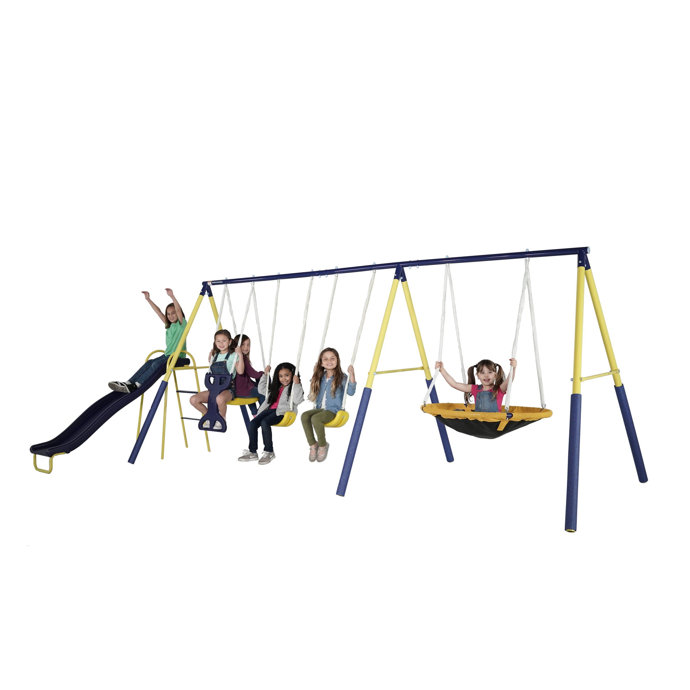 Sportspower Super Star Metal Swing Swing Set with 6-ft Slide， Saucer Swing and Glider Swing