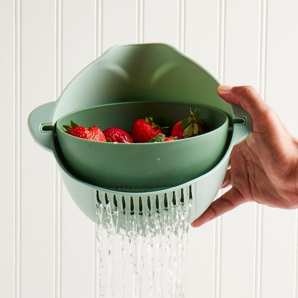 2 Piece Rotatable Colander Set with Swing Basket  Green