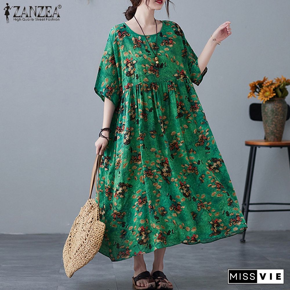 Women Casual Summer Sundress Full Sleeve Printed Plus Size Crew Neck Baggy Midi Dress