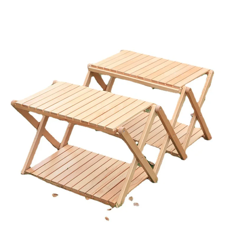 Outdoor Simple Solid Wood Folding Multi Layer Shelf Camping Table