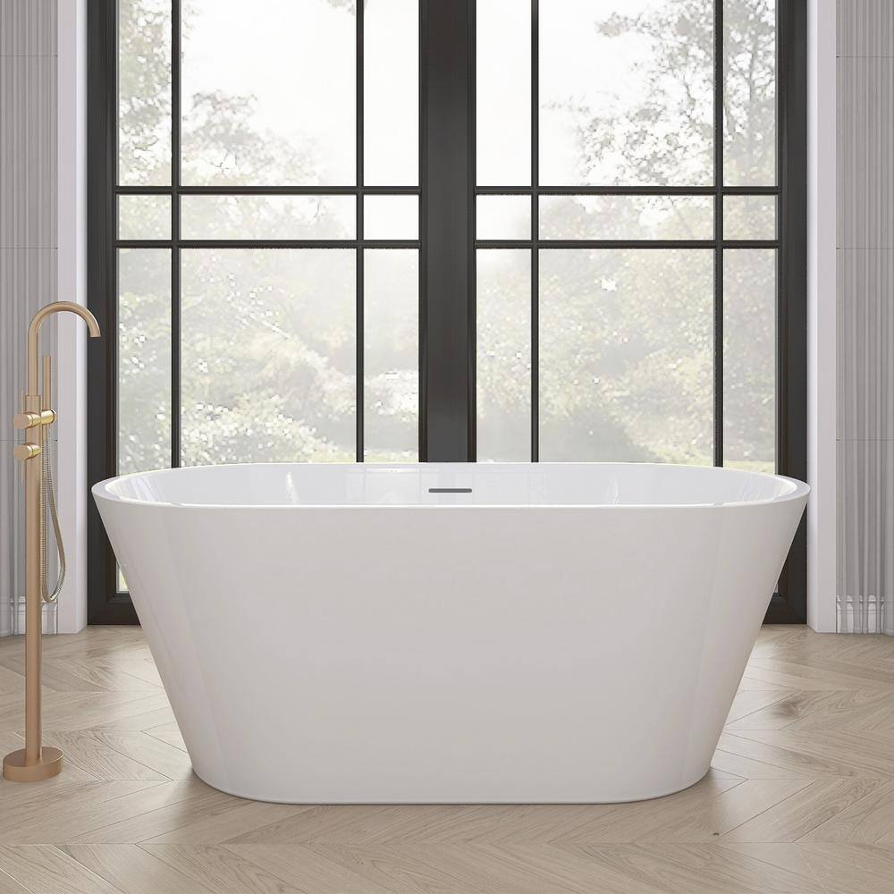 Zeafive 55 in. x 27.5 in. Acrylic Soaking Tub Flatbottom Free Standing Bathtub Chrome Anti-clogging Drain in Glossy White Z32E4S55W