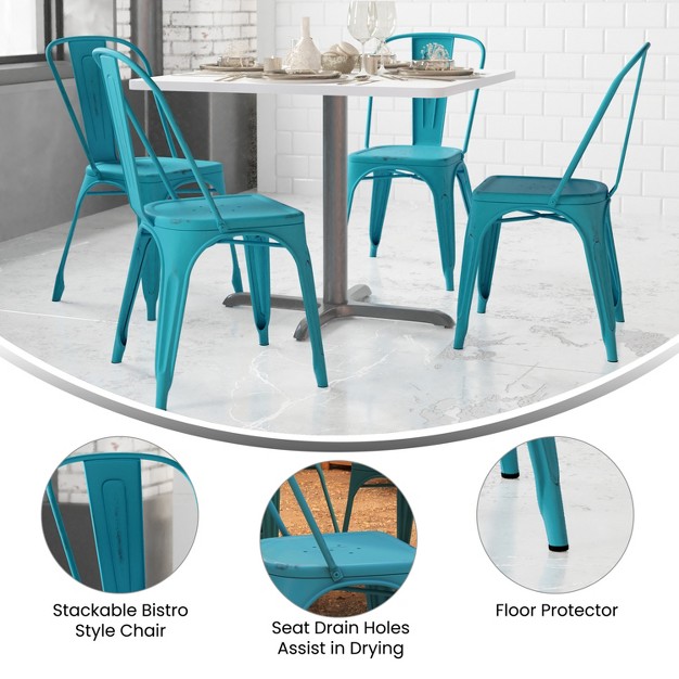 Flash Furniture Commercial Grade 4 Pack Distressed Metal Indoor outdoor Stackable Chair