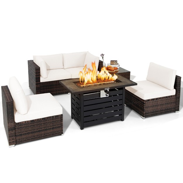 Costway 6pcs Patio Rattan Furniture Set 42 x27 x27 Fire Pit Table Cover Sofa Cushion Off White black navy red turquoise