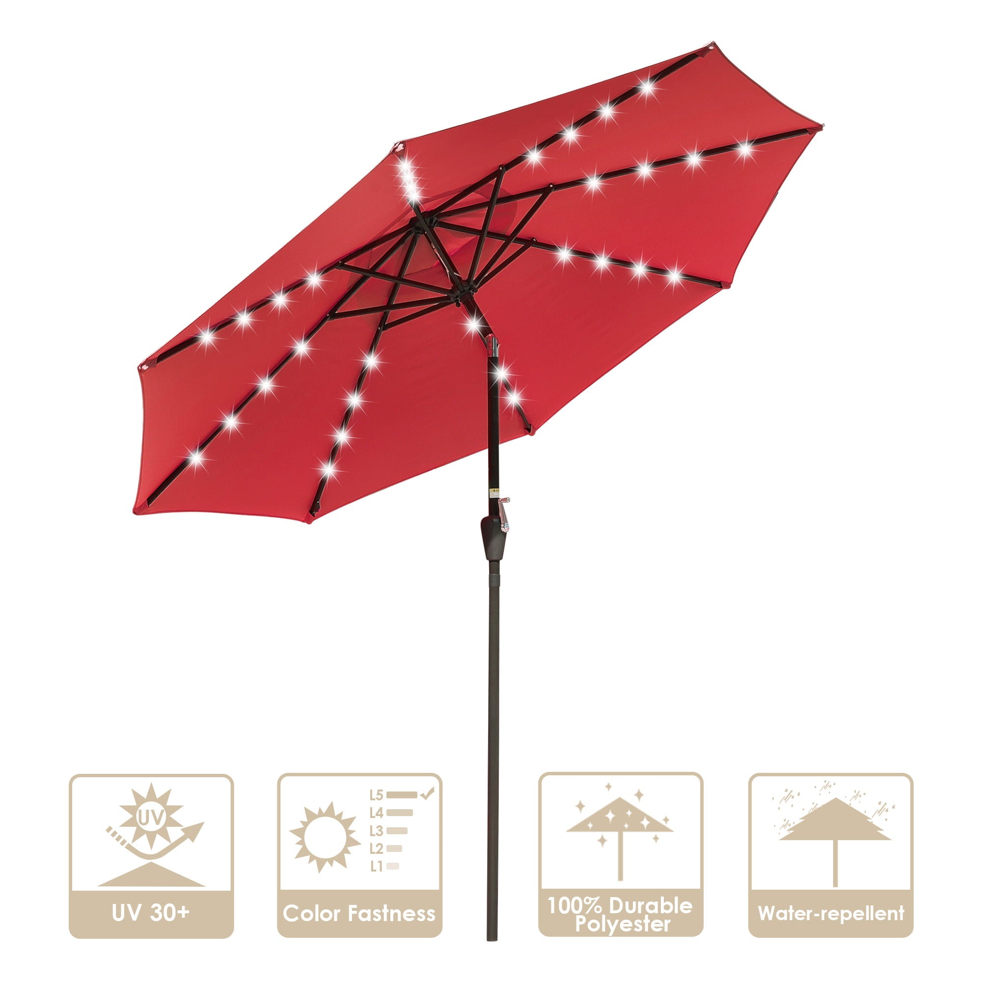 LAGarden 9Ft LED Lighted Patio Market Umbrella Outdoor Solar Powered Table Umbrella 8 Ribs 32 Lights UV30 Red