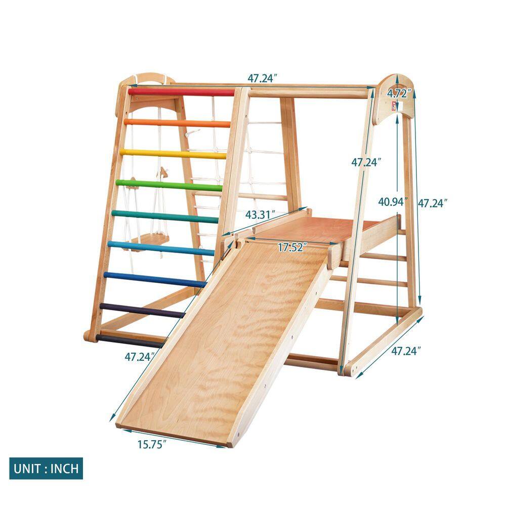 TIRAMISUBEST Solid Wood 7-in-1 Indoor Climber with Slide and Swing for Kids from 18 months to 10 years old W679XYS00027