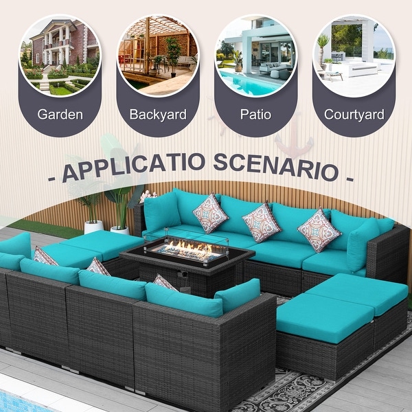 Nicesoul Outdoor Grey Wicker Sectional Furniture Patio Sofa Set with Firepit Table