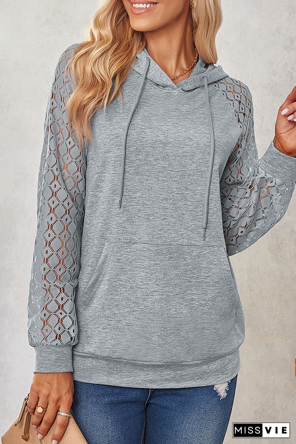 Crochet Lace Sleeves Kangraoo Pocket Drawstring Hoodies