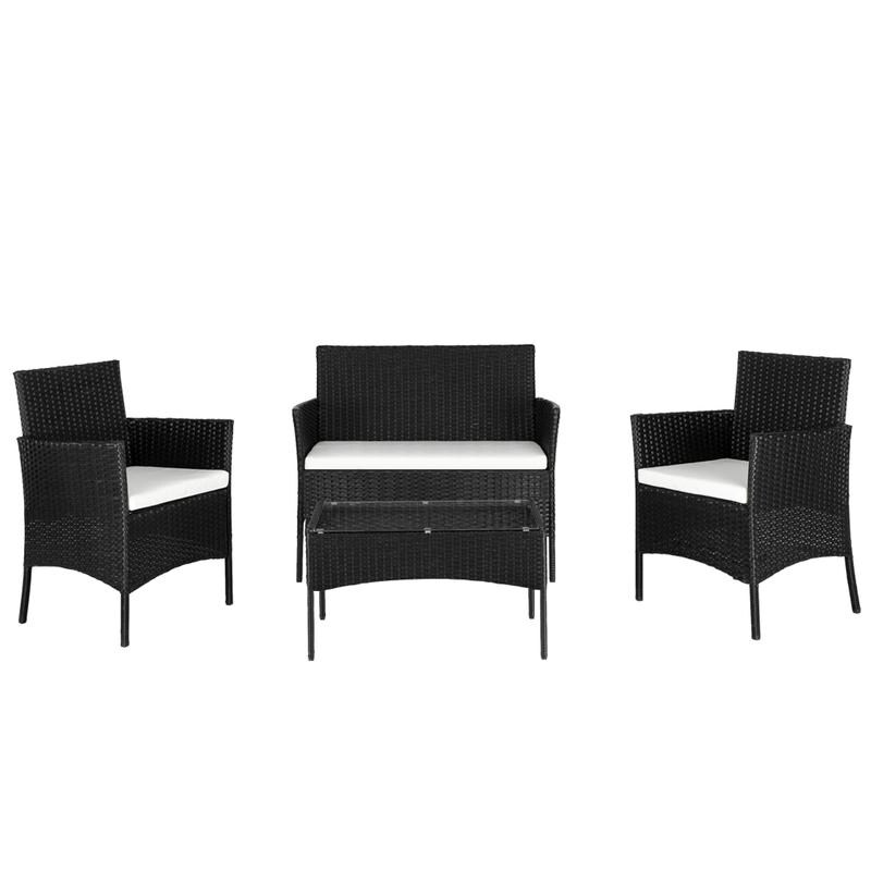 Outdoor 4 Piece Black Wicker Rattan Conversation Set with Beige Cushion