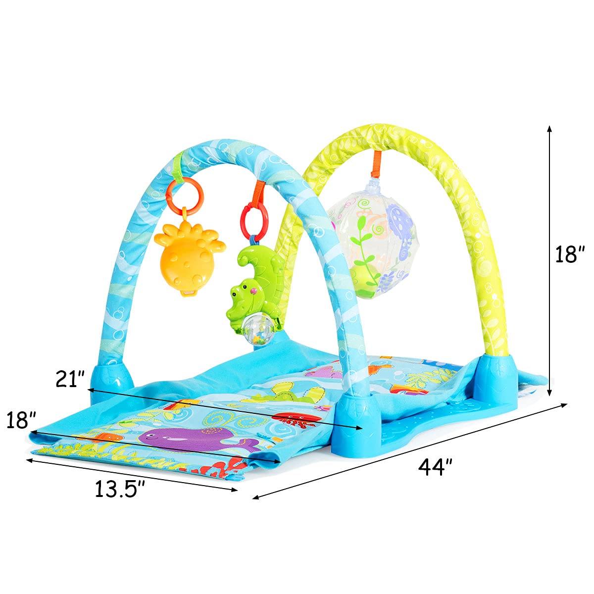 BABY JOY 4-in-1 Baby Play Gym Mat, Underwater World Baby Explore Crawling Tunnel with Steady Frame and 3 Hanging Toys