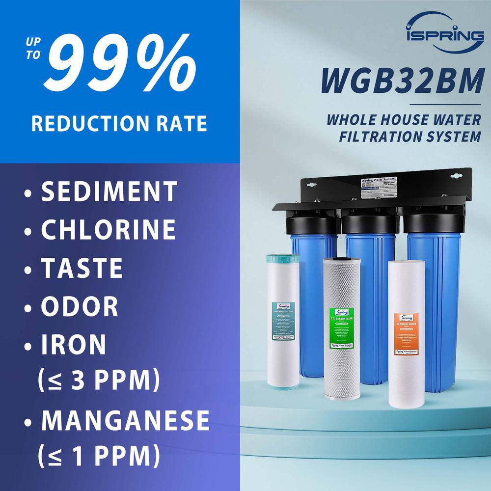 ISPRING 3-Stage Whole House Water Filtration System with Iron and Manganese Reducing Filter and 34 in. Push-Fit Hose Connectors WGB32BM+AHX2