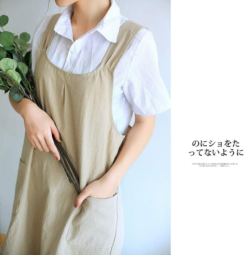 Japanese Linen Cross Back Kitchen Cooking Aprons For Women With Pockets Cute For Baking Painting Gardening Cleaning Khaki