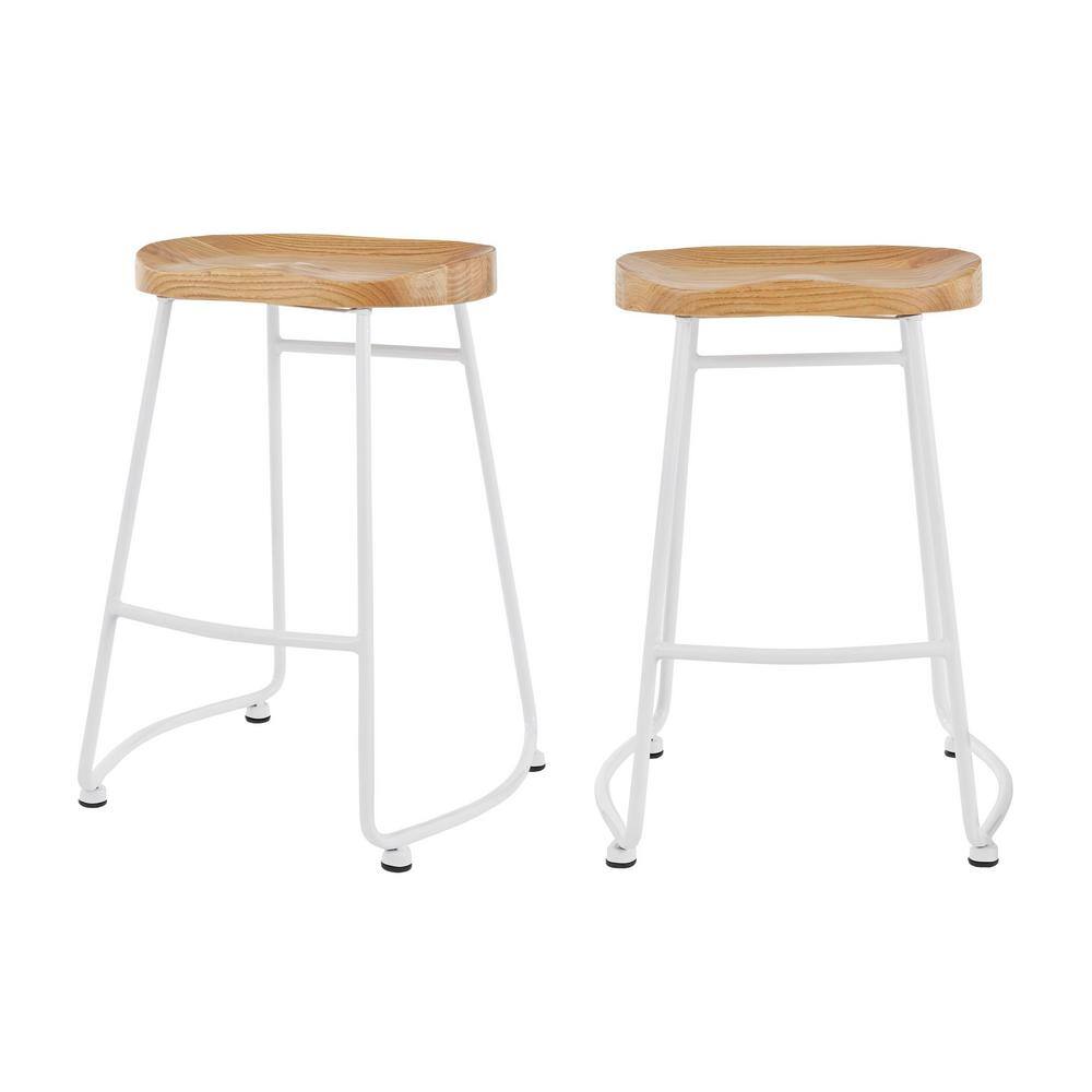 StyleWell Modern White Metal Backless Counter Stool with Wood Seat (Set of 2) RW812-24-WHT