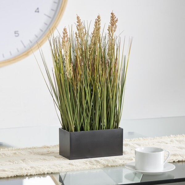 Faux Foliage Onion Grass Artificial Plant with Black Rectangular Plastic Pot