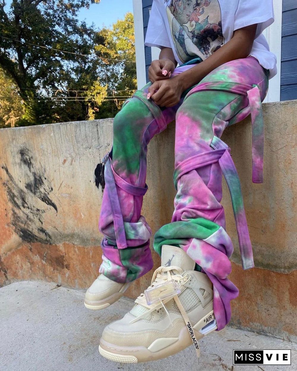 Tie Dye Print Joggers Outfits Gym Sporty Bandage Sweatpants