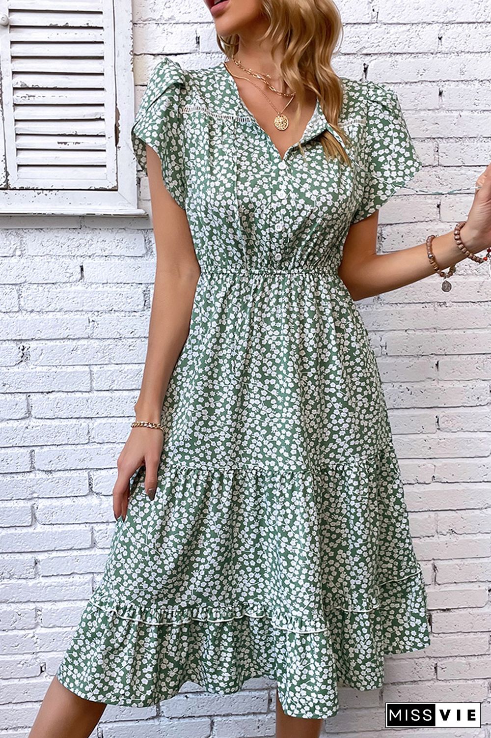 Green Flower Print Elastic Wasit Splicing Dress