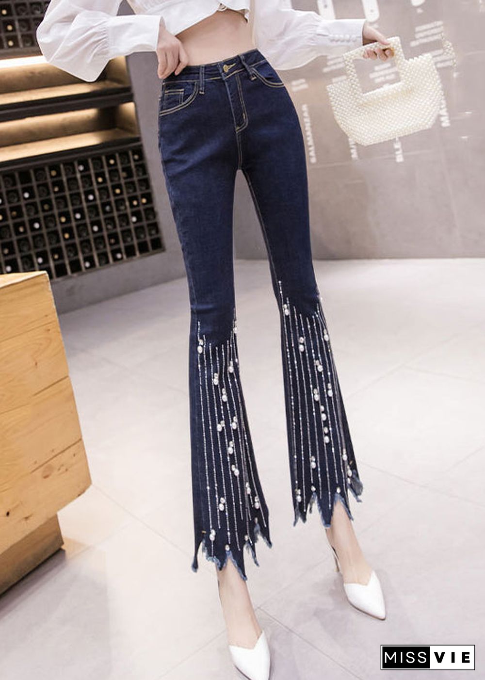 Women Blue High Waist Button Tassel Crop Jeans Spring