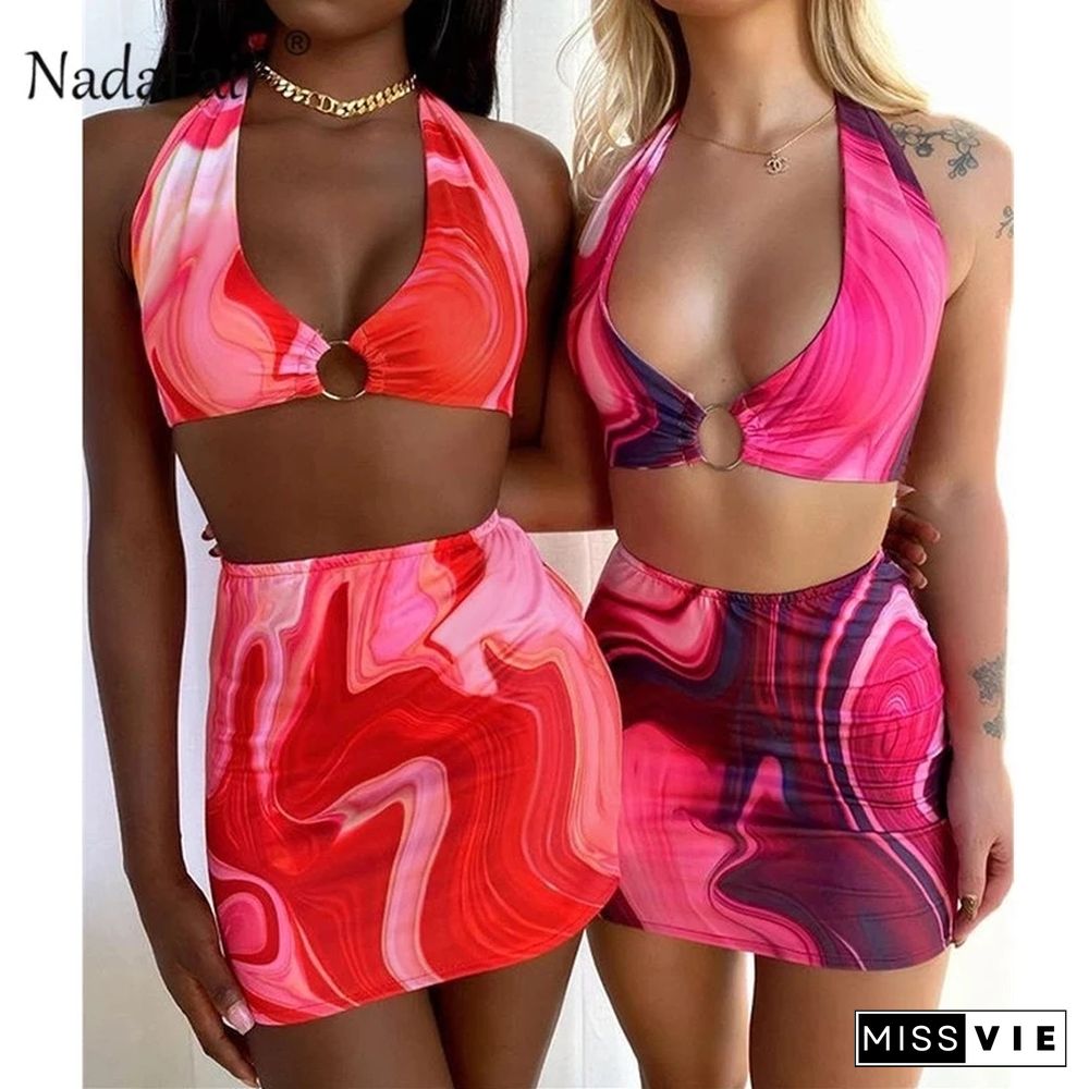 Nadafair Tie Dye Printed Mini Bodycon Dress Festival Outfits Party Club For Women Backless Halter Cut Out Sexy Summer Dress