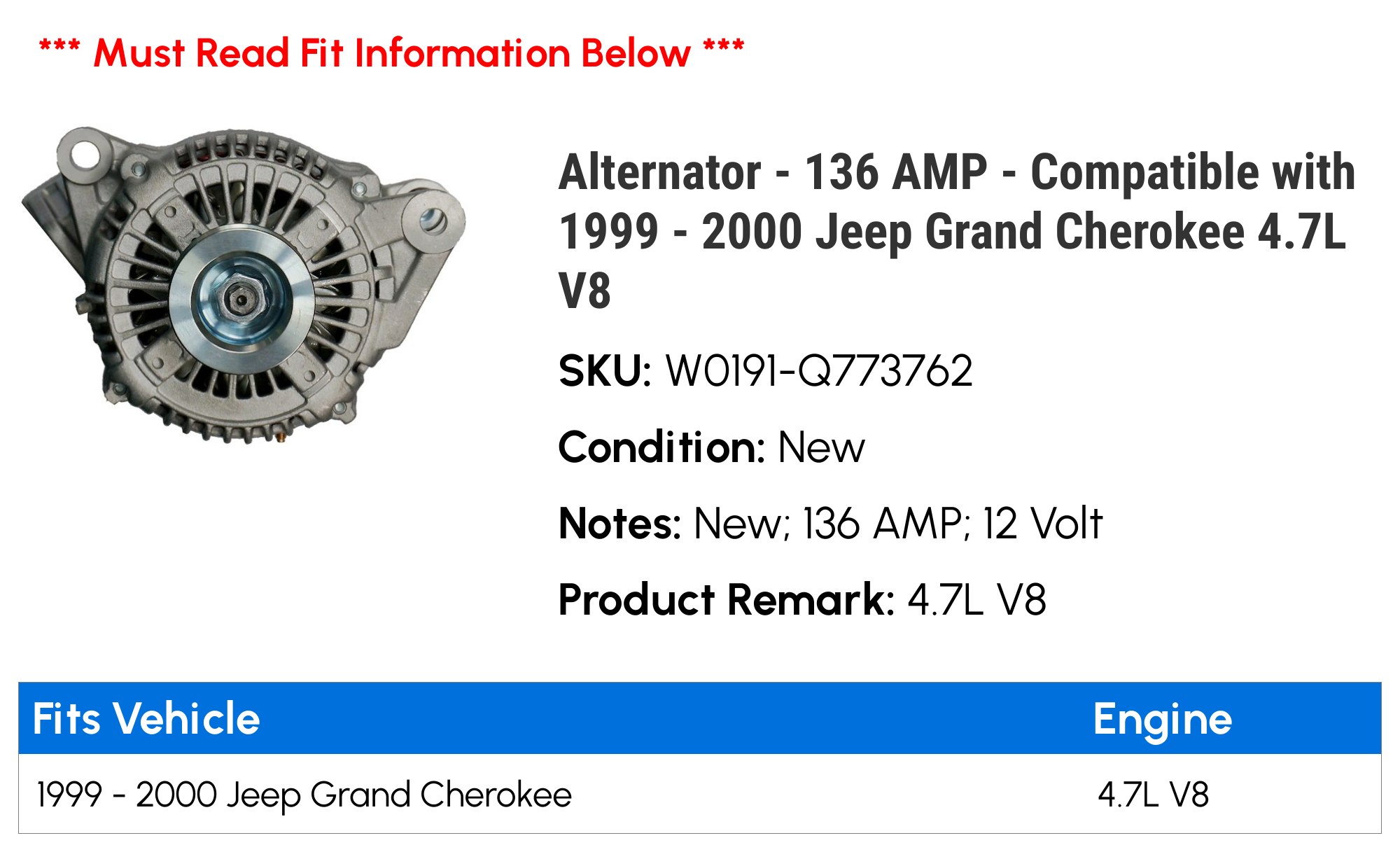 Alternator - 136 AMP - Compatible with 1999 - 2000 Jeep Grand Cherokee 4.7L V8