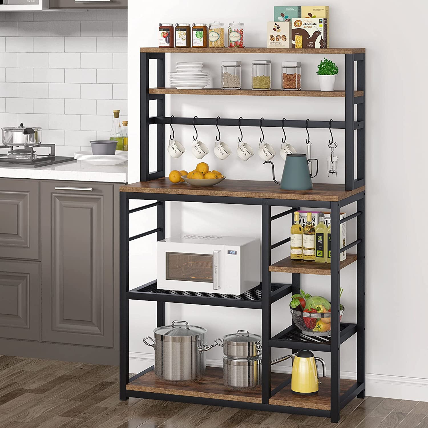 Tribesigns Kitchen Baker’s Rack， 5-Tier Microwave Cart Industrial Coffee Bar Brown