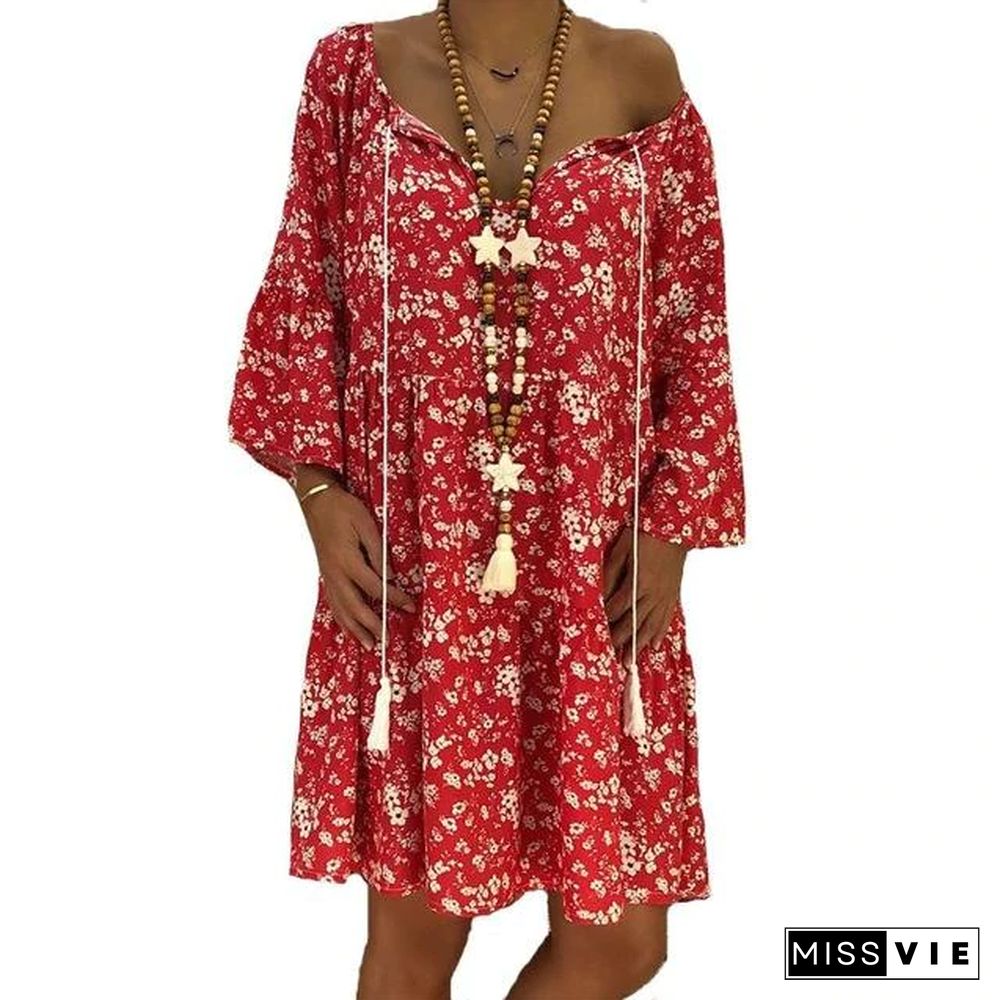 Summer Women Boho Floral Long Sleeve Dress Holiday Beach Shirt Dress Ladies Print Mini Dress Plus Size S-5XL